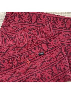 Vans Red and Black Patterned Button-Front Shorts with Teal Trim